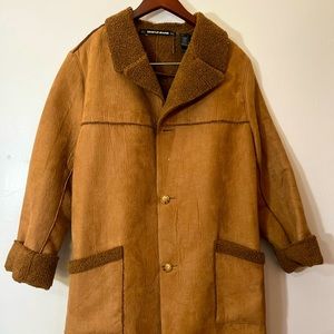 DKNY knee length faux soft leather coat with faux fur trimming